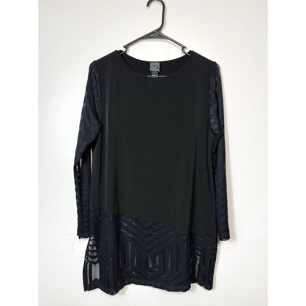 Clara Sun Woo Black Perforated Sleeve + Trim Tunic Blouse Size Small